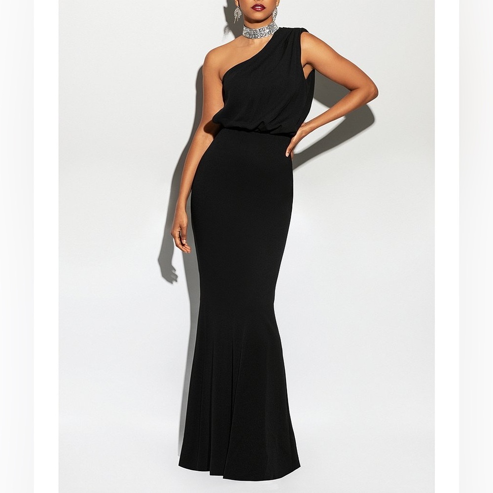 Betsy & Adam
Crystal Neck One Shoulder Sleeveless Stretch Blouson Gown